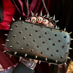Black Leather Silver Studded Knuckle Clutch Bag
